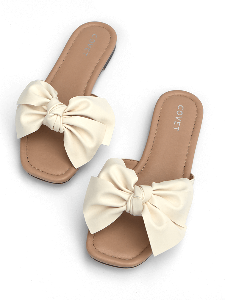 Cream Sandals Flat with Bow Covet Shoes